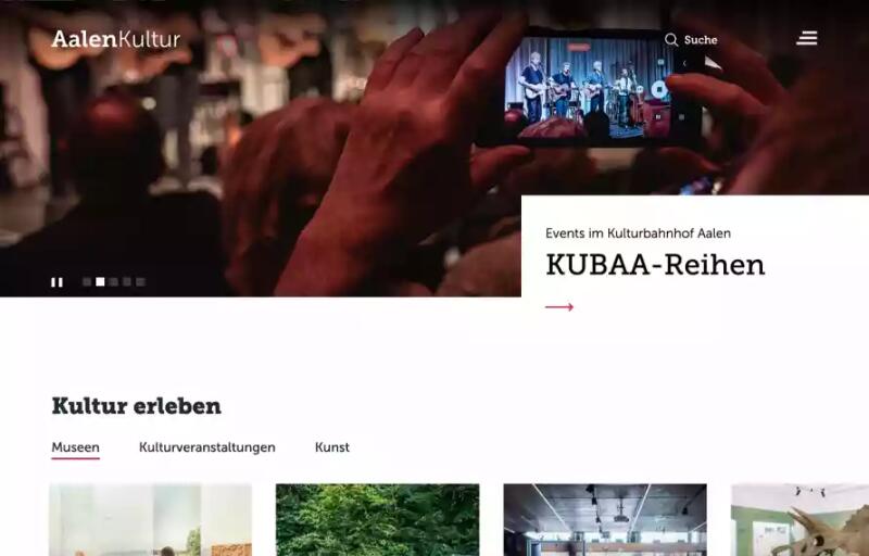 Screenshot der Startseite des Kulturportals der Stadt Aalen mit Veranstaltungs- und Kulturangeboten.