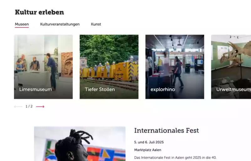 Screenshot eines Startseiten-Abschnitts des Aalen Kulturportals mit Teasern zu aktuellen touristischen Angeboten.