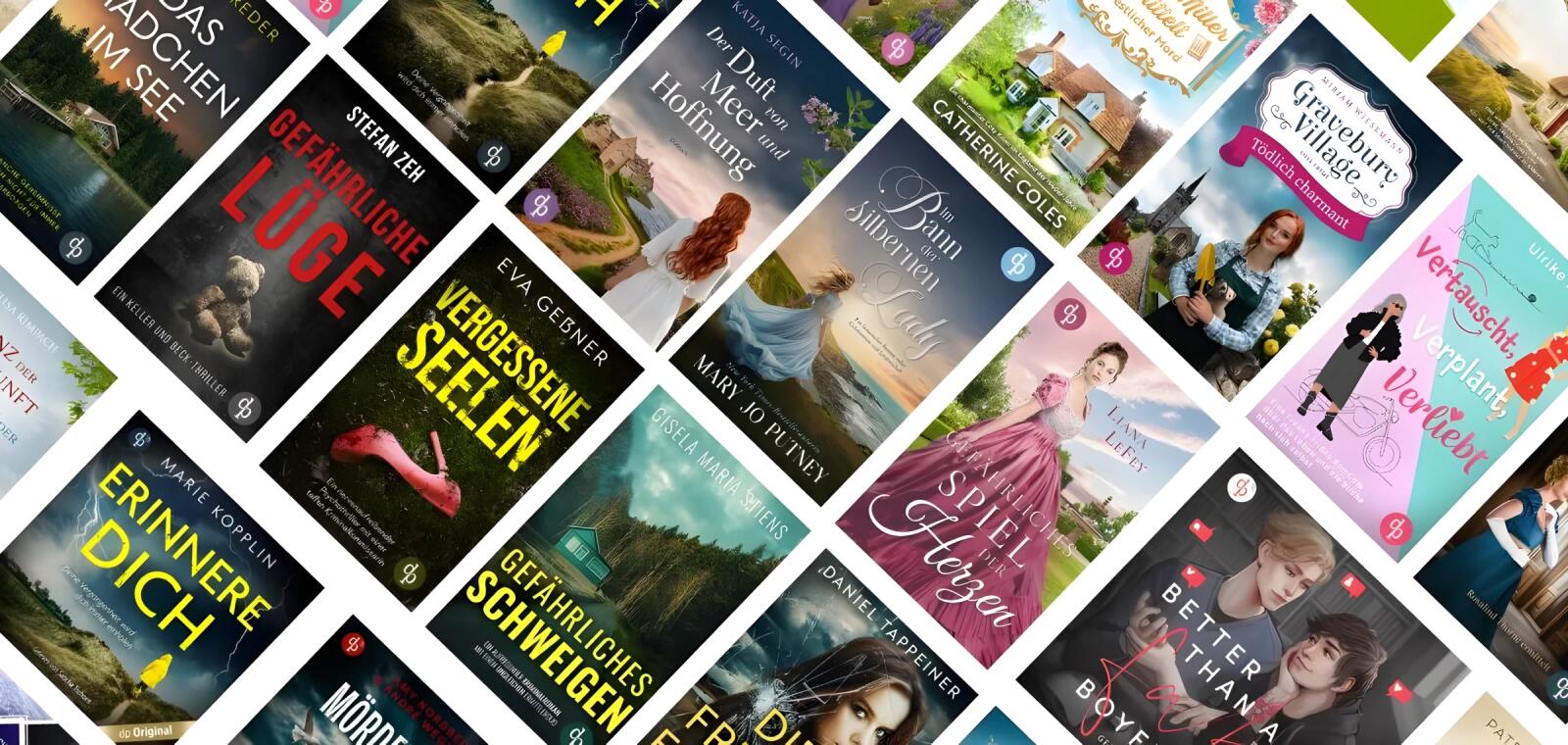 Buchcover-Montage verschiedener Romane aus dem dp-Programm – darunter Thriller, Liebesgeschichten und historische Titel.