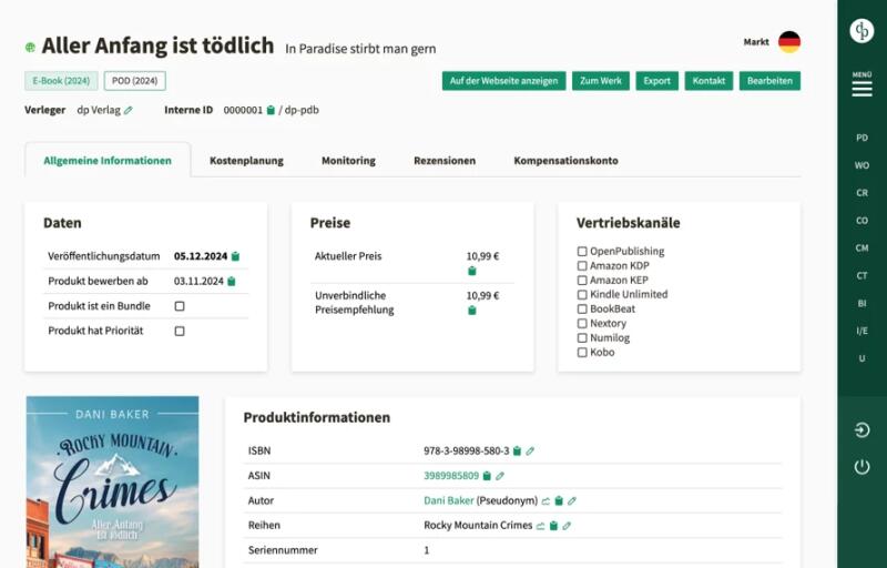 Detailansicht eines Buchtitels im Verwaltungstool von dp DIGITAL PUBLISHERS mit Metadaten und Verlagsinformationen.