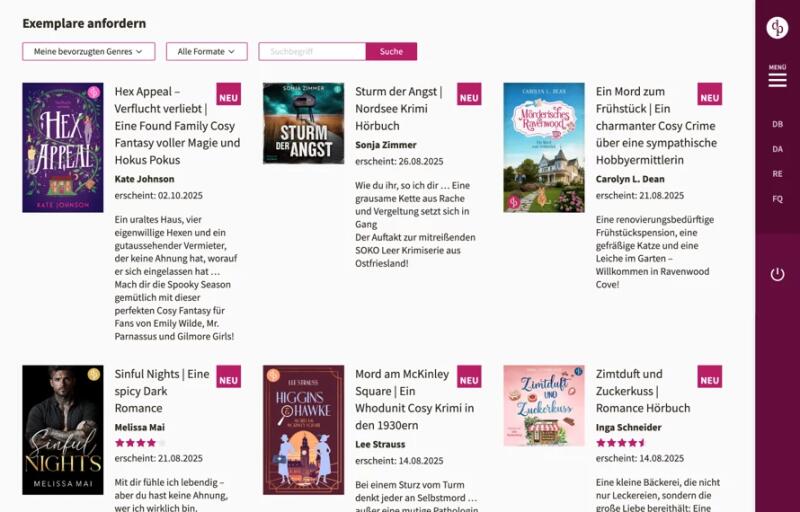 Liste aktueller EPUBs und Hörbücher im Rezensentenbereich von dp DIGITAL PUBLISHERS zur Anforderung durch Nutzer:innen.