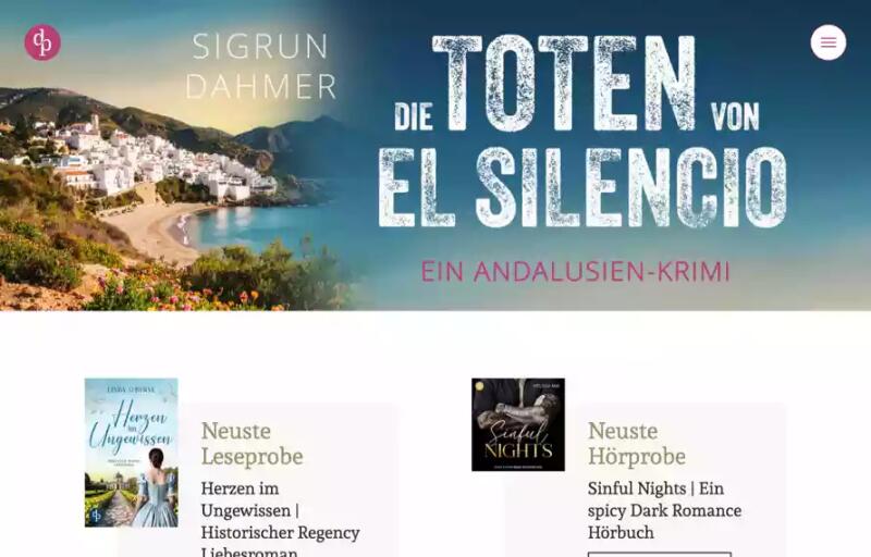 Screenshot der Startseite von dp DIGITAL PUBLISHERS mit Buchtitel, Teasern und Navigationselementen.