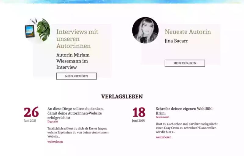 Screenshot eines weiteren Startseiten-Abschnitts von dp DIGITAL PUBLISHERS mit Buchtipps und Navigation.