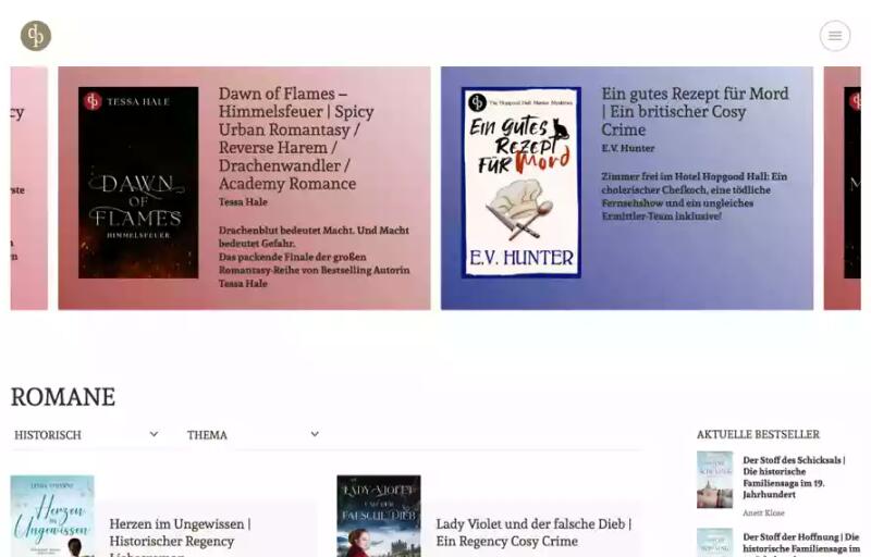 Übersichtsseite der Romane bei dp DIGITAL PUBLISHERS mit Coverbildern und Titellisten.