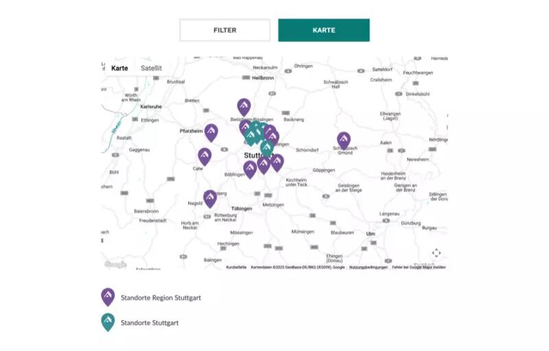 Karte mit den Standorten der EAH im Großraum Stutgart.