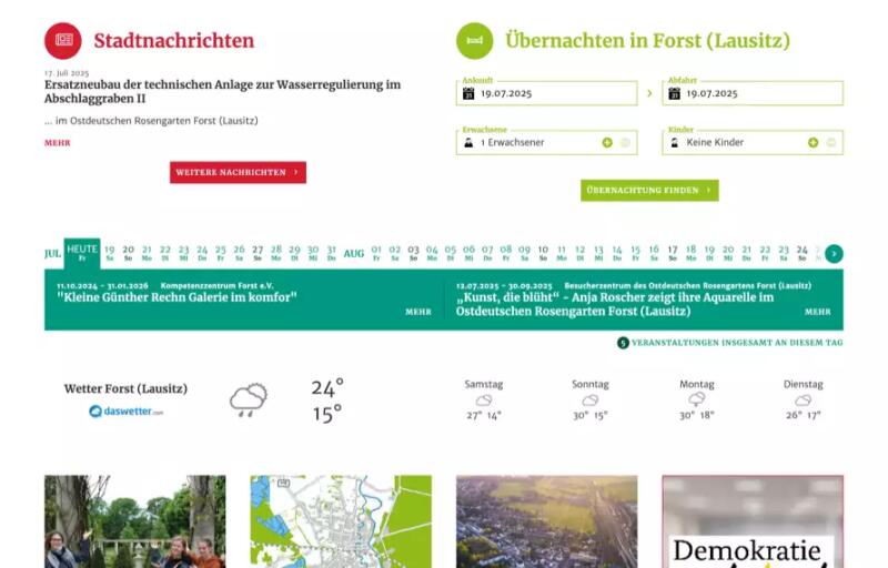 Screenshot der Startseite – der Ausschnitt zeigt den mittleren Teil der Seite mit Veranstaltungskalender und Stadtnachrichten.