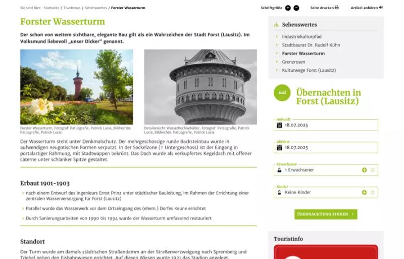 Screenshot einer Detailseite mit dem Forster Wasserturm.