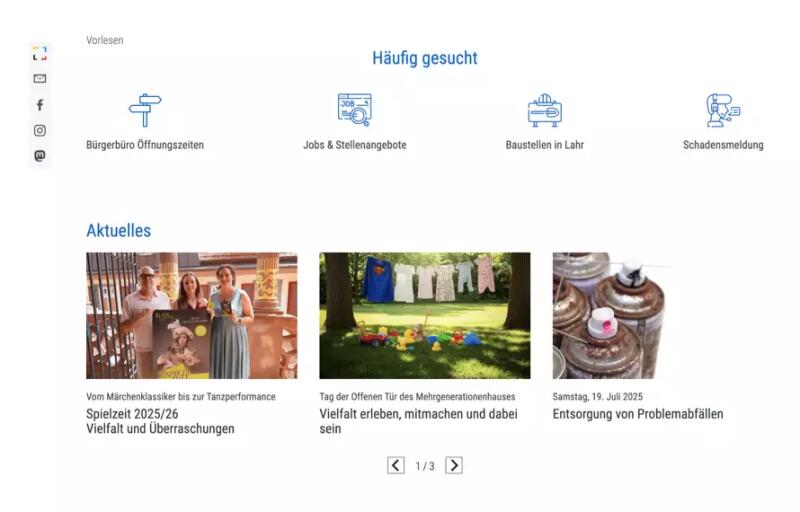 Screenshot der Startseite im mittleren Teil mit häufig gesucht und aktuellen Teasern
