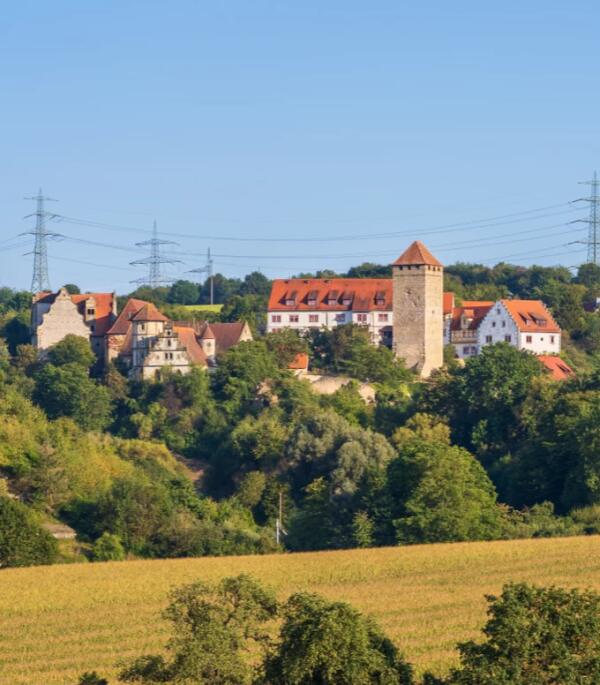 Motiv Foto mit einem größeren, älteren Gehöft im Hintergrund