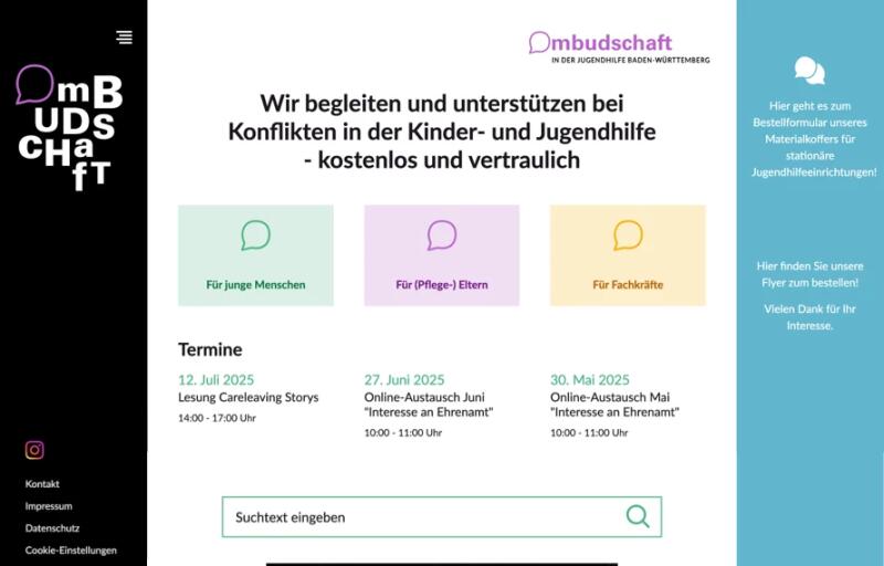 Screenshot, der Startseite, der Ombudschaft Jugendhilfe Baden-Württemberg